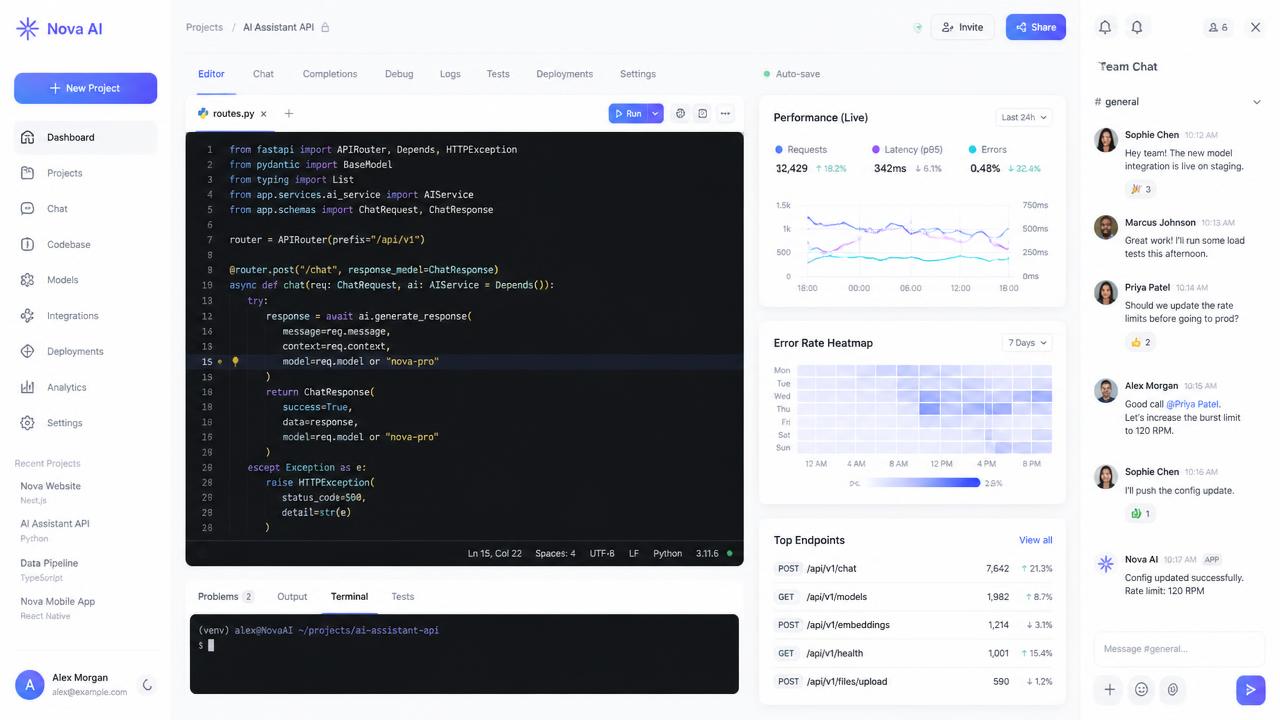 Redoz project workspace showing a collaborative code editor, live telemetry and team chat